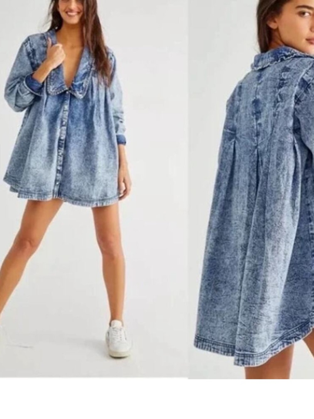 Free People Ruffle Collar Swing Blouse Women M Blue Denim Pearl Snap Shirt Dress
